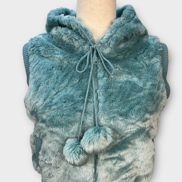 Vintage Y2K Wet Seal Faux Fur Vest Women M Winter Hoodie Plush Zip Pom Poms Cozy - Picture 3 of 14